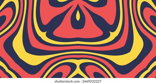 Um plano de fundo simétrico e abstrato psicodélico com ondas espelhadas, fluindo em vermelho, amarelo e azul-marinho.