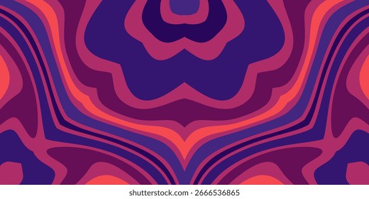 Um design abstrato simétrico e psicodélico com bandas fluidas espelhadas de laranja roxo, magenta e avermelhado.
