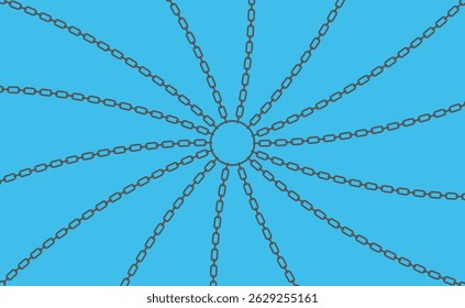 Design simétrico de cadeia radial com links interconectados que se estendem de um círculo central em um fundo azul vibrante
