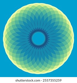 A symmetrical radial pattern resembling a mandala, featuring green and blue tones on a turquoise background. Suitable for meditation guides, book covers, or inspirational wallpapers. 