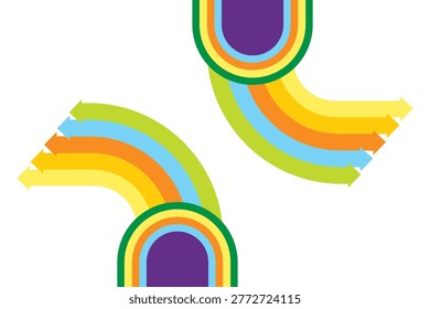 Symmetrical rainbow curves with directional arrows. Split paths lead to intersection. Represents options, decisions, and convergence.