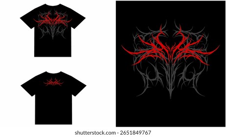 Design tribal simétrico vermelho e preto com estilo de horror-metal afiado, perfeito para gráficos de t-shirt ousada e moda escura