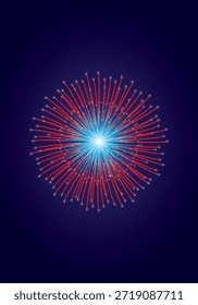 Symmetrical red and blue fireworks explosion on a deep blue background. Perfect for celebration themes, national holidays, festive posters, and event promotions.