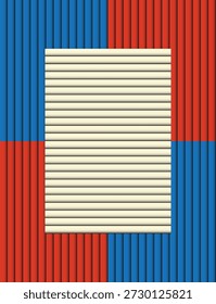 Symmetrical red and blue ribbed background with blank cream space.