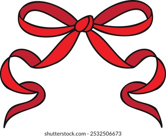 Symmetrical red bow with four loops and two trailing ribbons, featuring highlights for a shiny texture and wavy design suggesting movement.