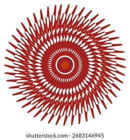 A symmetrical red mandala pattern with intricate geometric shapes arranged in a circular formation on a white background.