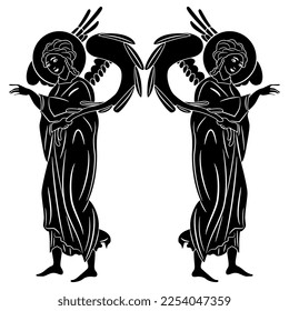 Symmetrical religious design with two standing angels holding their wings. Black and white silhouette.