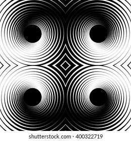 Symmetrical repeatable pattern with concentric circles, rings. Circular geometric pattern. Black and white, monochrome background