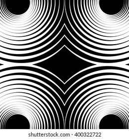 Symmetrical repeatable pattern with concentric circles, rings. Circular geometric pattern. Black and white, monochrome background