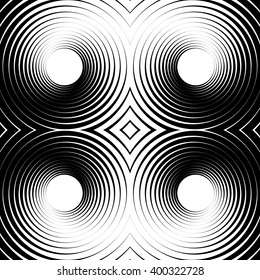 Symmetrical repeatable pattern with concentric circles, rings. Circular geometric pattern. Black and white, monochrome background