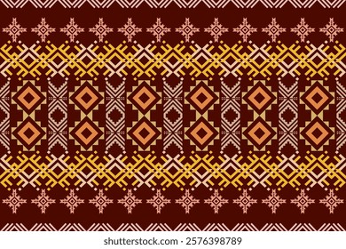 a symmetrical, repeating geometric pattern on a deep burgundy background, reminiscent of traditional textile designs. The pattern includes diamond shapes, intricate cross-like motifs,