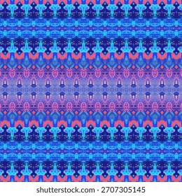 Symmetrical repeating pattern with blue and pink decorative shapes, detailed abstract design, pattern, texture, colorful ornamental layout.