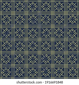 Symmetrical repeating pattern of intersecting straight lines and squares in vintage style with a shabby effect