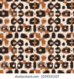 a symmetrical and repetitive pattern dominated by orange, black and white colors. the pattern consists of spots of different shapes and sizes, similar to the leopard pattern