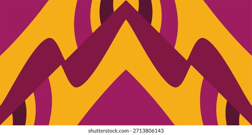 Um padrão abstrato simétrico e retrô moderno com chevrons geométricos arrojados e ondas orgânicas curvas em uma paleta vibrante de amarelo mostarda, roxo profundo e magenta.
