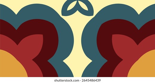 Um plano de fundo gráfico simétrico com estilo retro. Apresenta formas arrojadas, em camadas e curvilíneas em uma paleta de cores quentes e silenciadas dos anos 1960 ou 1970, incluindo azul-petróleo, maroon, vermelho e ouro.