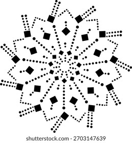 Elemento de design simétrico, isolado, em forma de estrela geométrica ou abstrata rotativa, constituído por linhas pontilhadas e quadrados. Pode Ser Usado Para Tecido, Almofada, Bordado, Cartão, Tampa, Tapete, Decoração Etc.