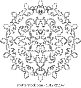 symmetrical round floral pattern. black and white outline drawing. coloring, template, print, tattoo.
