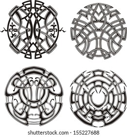 Symmetrical round knot patterns. Set of black and white vector illustrations.
