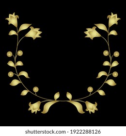 Symmetrical rounded border ornament with two stylized branches of wild flowers. Golden glossy silhouette on black background.