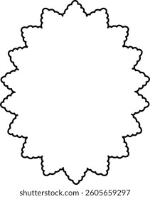 A symmetrical scalloped frame with a circular shape in a minimalist style. The outline features repeating wavy edges forming a perfect circle. Cartoon vector illustration.