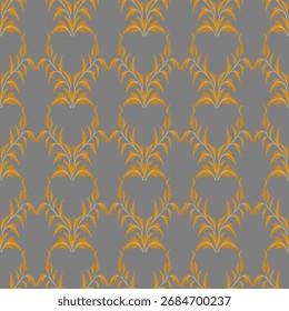 ​Formal, symmetrical scrollwork motif featuring stylized leaves and foliage in shades of gold and yellow-orange on a gray background.