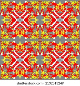 symmetrical seamless contrasting sharp red and yellow pattern on a gray background for tiles, textiles, carpets, covers, websites, screensavers, backgrounds, gift wrapping, postcards, cards