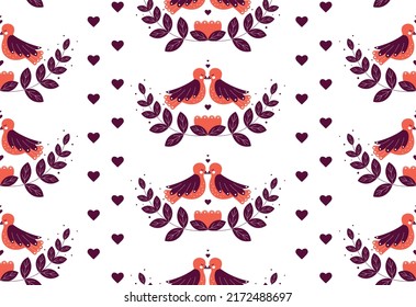 Symmetrical seamless pattern with birds. Template with couple of cute feathered animals sitting on branch. Romantic mockup for wallpaper or fabric in old, folk style. Cartoon flat vector illustration.