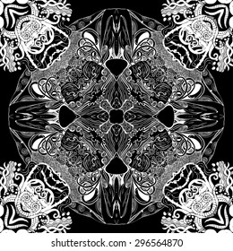 Symmetrical seamless pattern with different swirls, monochrome