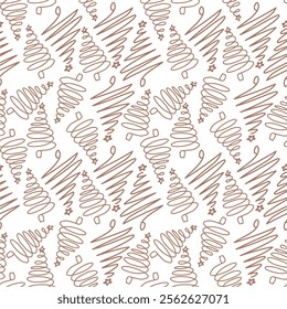 A symmetrical seamless pattern featuring minimalist brown Christmas trees on a white background. Perfect for holiday gift wrapping, winter decor, and creative projects.