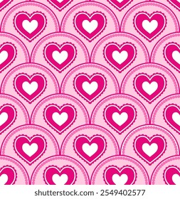 Symmetrical seamless pattern with layered heart motifs in an arched shape. Perfect for Valentine's Day or other love themed projects. 