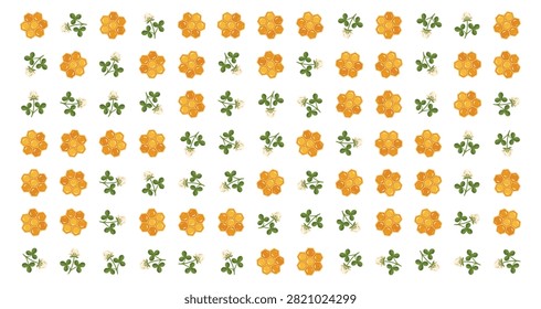 Symmetrical seamless pattern of orange flowers and green leaves arranged in neat rows against a white backdrop with consistent spacing between elements