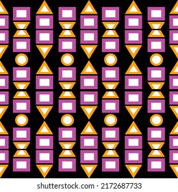 Symmetrical seamless pattern, trapezoid square triangle and round shape, yellow and pink on black background.