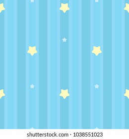 Symmetrical and seamless striped blue pattern with yellow and white stars. Gift wrap background, children's bedroom, baby nursery wallpaper, scrapbook wrapping paper. Vector Illustration. 