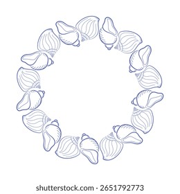 Symmetrical seashell circle frame with elegant outlines. Marine hand-drawn border for summer greeting cards, beach wedding decor or sea-themed packaging.
