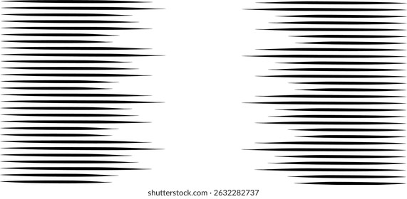 Symmetrical set of black comic-style tapered speed lines on a white background. Ideal for manga, anime, action scenes, motion effects, and dynamic graphic design emphasizing energy and direction.