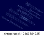 A symmetrical set of missile warheads in wireframe blueprint style against a deep blue background. Each projectile features distinct shapes and sizes with clean white outlines.