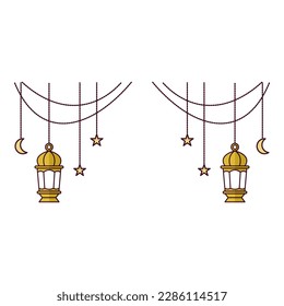 symmetrical set of yellow hanging lamp flat design illustration as ornament or decoration for ramadan and eid celebration element