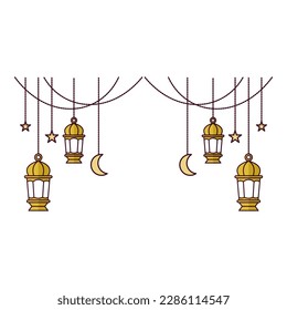 symmetrical set of yellow hanging lantern with crescent moon and star as decoration element illustration with flat design style for ramadan and eid celebration