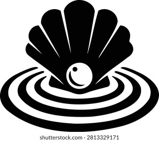 Symmetrical Silhouette Of A Seashell And Pearl Resting On Water Ripples. Perfect For Oceanfront Resorts, Marine Conservation, And Seafood Restaurants.