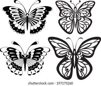 Symmetrical silhouettes butterflies with open wings tracery. Black and white drawing. options stylization