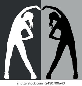 symmetrical silhouettes of a woman doing warm-up. Sports warm-up. Universal sign. on an isolated gray background. Sports. Black and white