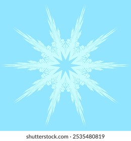 Symmetrical six-pointed snowflake or star. Delicate, lacy patterns radiate outward. Light blue snowflake on soft blue background. Calming effect. Elegant and intricate design. Winter-themed season.