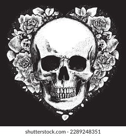Symmetrical skull surrounded by roses, sketch art, illustration, silhouette, pattern