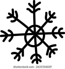 Um floco de neve simétrico com linhas em negrito e formas geométricas. O design apresenta um círculo central com padrões de ramificação. Ilustração de vetor de desenhos animados.