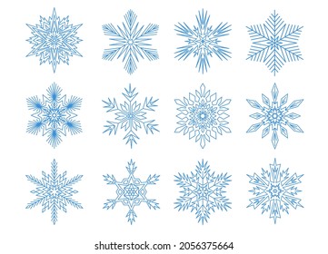 Symmetrical snowflake mandala set, star shape icons set. Vector illustration blue white outline
