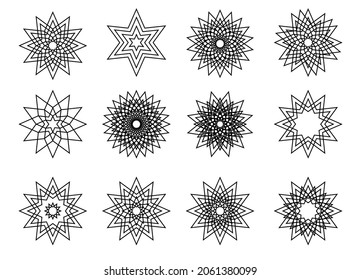 Symmetrical snowflake mandala set, star shape icons set. Vector illustration black and white