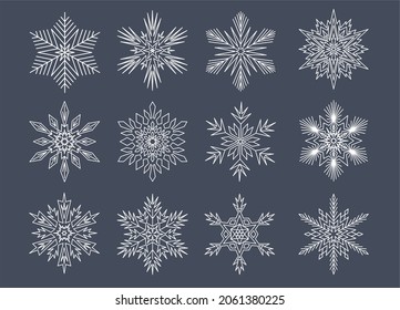 Symmetrical snowflake mandala set, star shape icons set. Vector illustration
