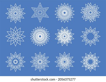 Symmetrical snowflake set. Vector illustration blue white outline