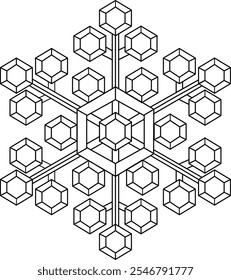 Un diseño geométrico simétrico similar a un copo de nieve con un pentágono central rodeado por los Pequeños pentágonos, conectados por líneas en forma de rama, formando un patrón en forma de cristal 3D
